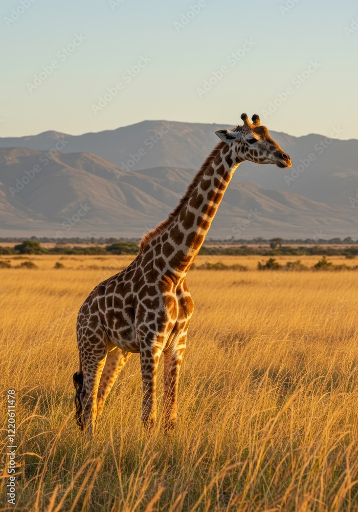 A realistic photograph of a giraffe in a field with tall grass, featuring a sky background A realistic photograph of a giraffe in a field with tall grass, featuring a sky background