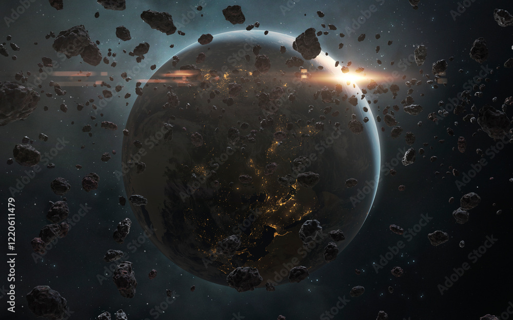 3D illustration of A giant asteroid field near a planet Earth. High quality digital space sci-fi art in 5K - realistic visualization. Render