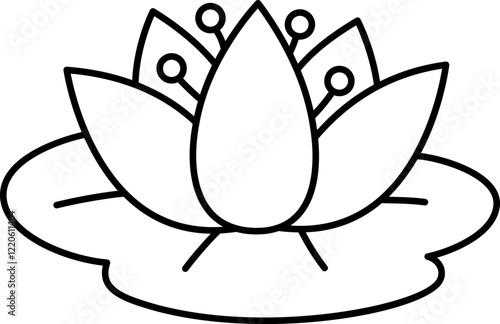 Vector black and white water lily icon. Marsh flower on pad clipart. Cute line floral illustration, coloring page isolated on white background