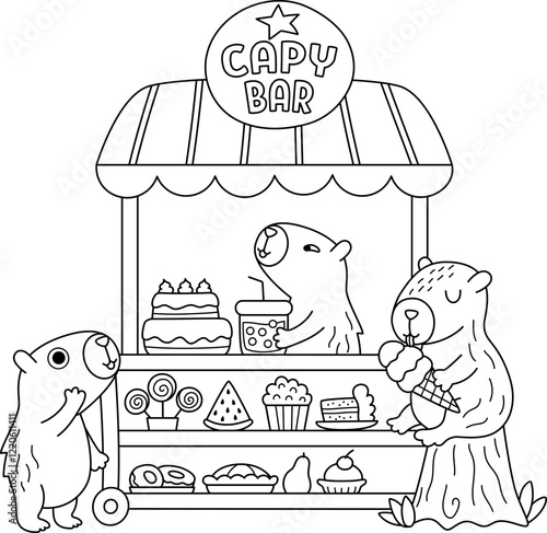 Vector black and white capybaras sitting in rolling snack cart with wheels. Candy shop with capibaras icon. Cartoon line sweets stand illustration. Pastry or bakery trolley clipart, coloring page