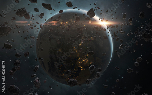 Obraz na płótnie 3D illustration of A giant asteroid field near a planet Earth. High quality digital space sci-fi art in 5K - realistic visualization. Render w salonie