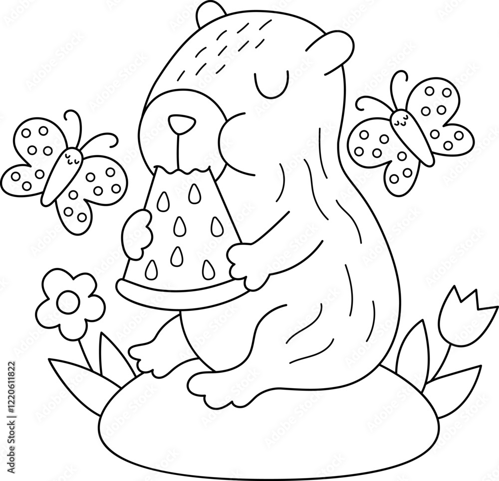 Vector black and white capybara illustration. Cute line scene with capibara sitting on flower clearing with butterfly, eating watermelon. Funny spring or summer scene, coloring page with animal Vector black and white capybara illustration. Cute line scene with capibara sitting on flower clearing with butterfly, eating watermelon. Funny spring or summer scene, coloring page with animal