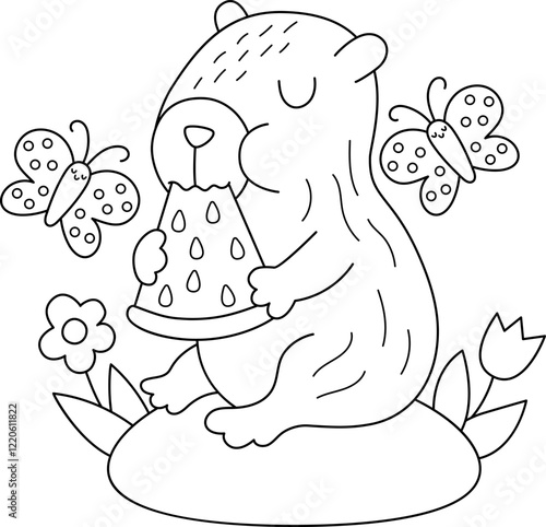 Vector black and white capybara illustration. Cute line scene with capibara sitting on flower clearing with butterfly, eating watermelon. Funny spring or summer scene, coloring page with animal