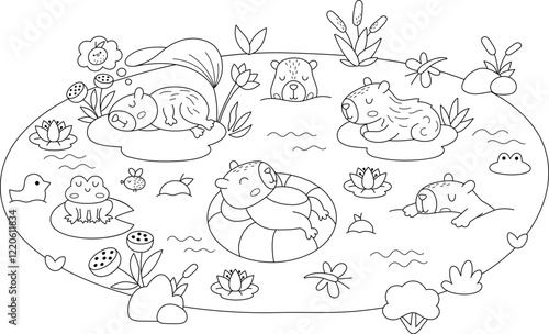 Vector black and white capybara landscape illustration. Line horizontal scenery with capibaras swimming in lake or pond with frog, water lily, reeds. Funny scene, coloring page for kids