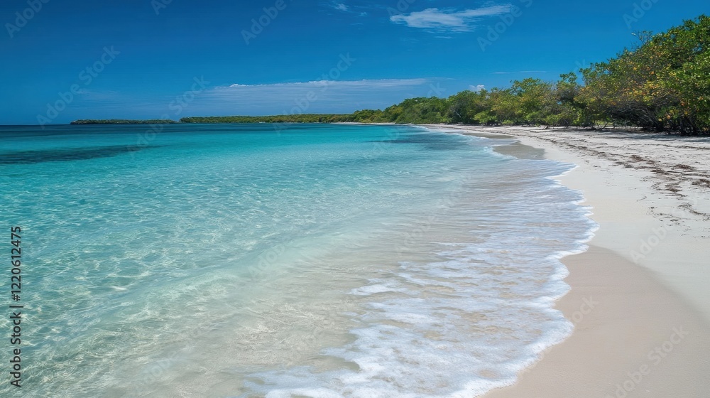 Crystal-clear sandy beach with gentle turquoise waves lapping at the shore Crystal-clear sandy beach with gentle turquoise waves lapping at the shore