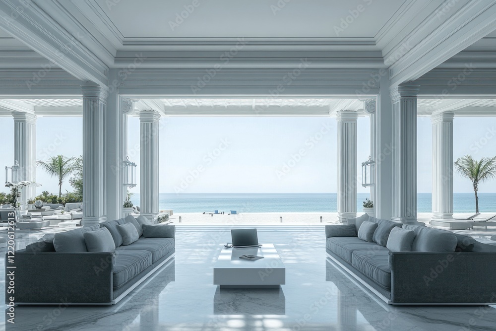 Fototapeta premium Oceanfront luxury lounge with white columns and gray sofas.