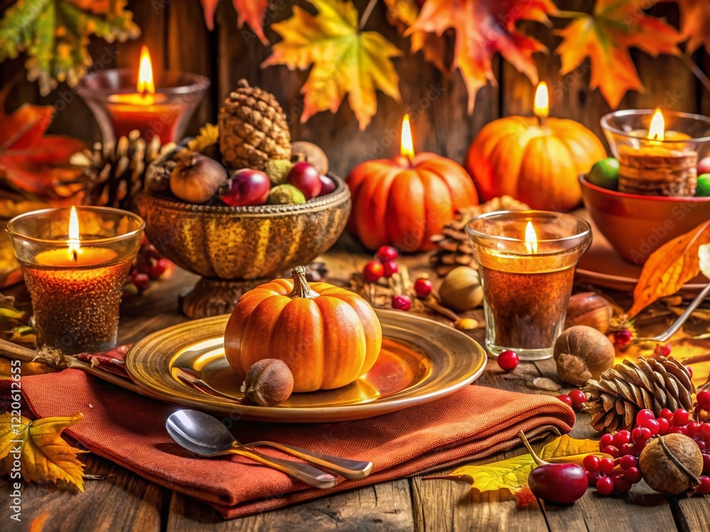 Naklejka premium Autumn Table Setting: Macro Photography of Fall Decor Details