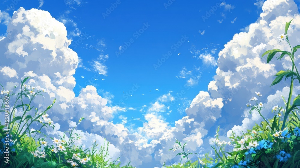 Fototapeta premium Crystal-clear summer sky with fluffy white clouds drifting by