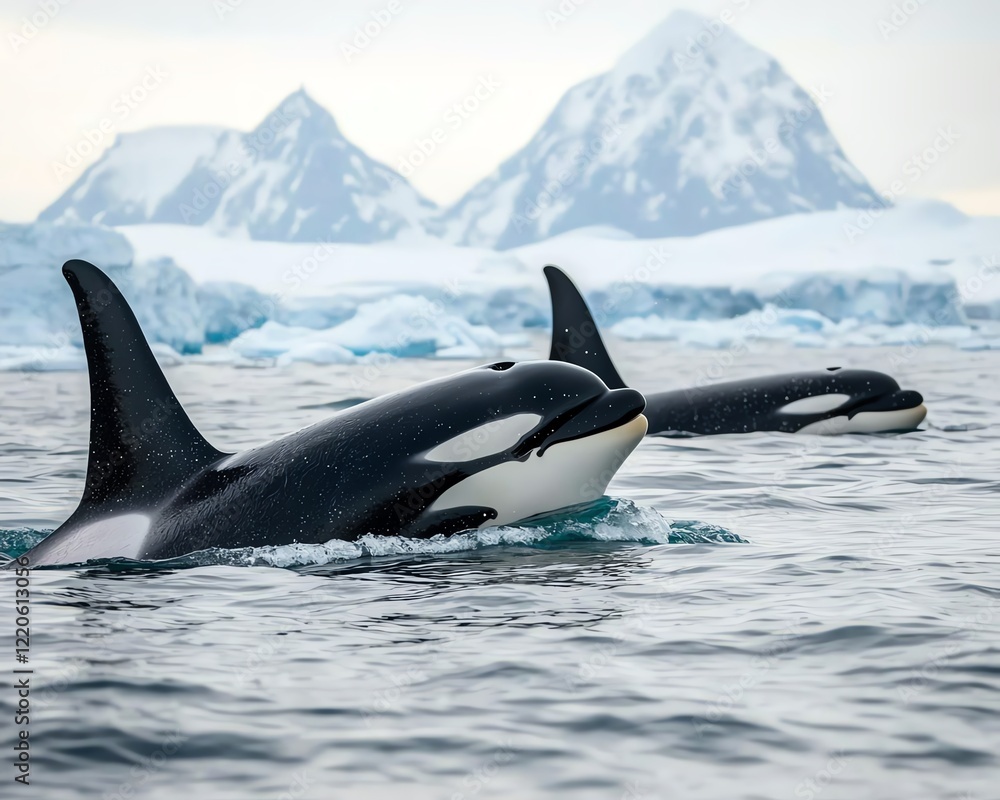 Fototapeta premium Two orcas swim gracefully in icy waters, surrounded by stunning mountain peaks and floating icebergs in a serene Arctic landscape.
