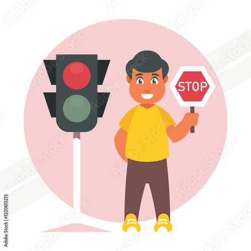 A boy standing near a traffic light representing safety and awareness