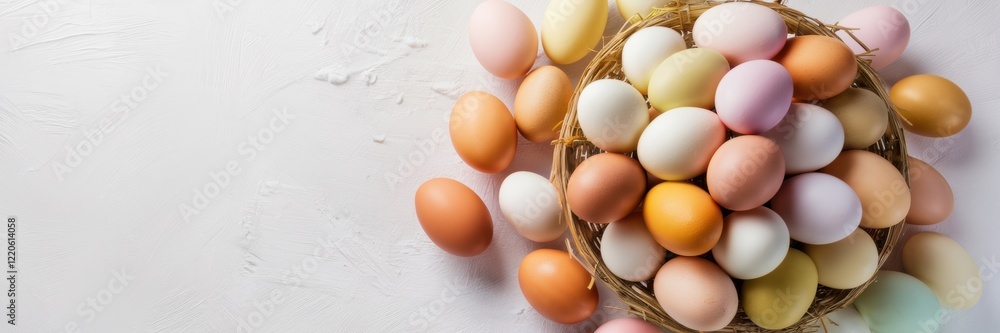 A basket filled with a variety of fresh Easter eggs is beautifully decorated on a snow-white background. A basket made of natural materials. A banner with space for the text. A basket filled with a variety of fresh Easter eggs is beautifully decorated on a snow-white background. A basket made of natural materials. A banner with space for the text.