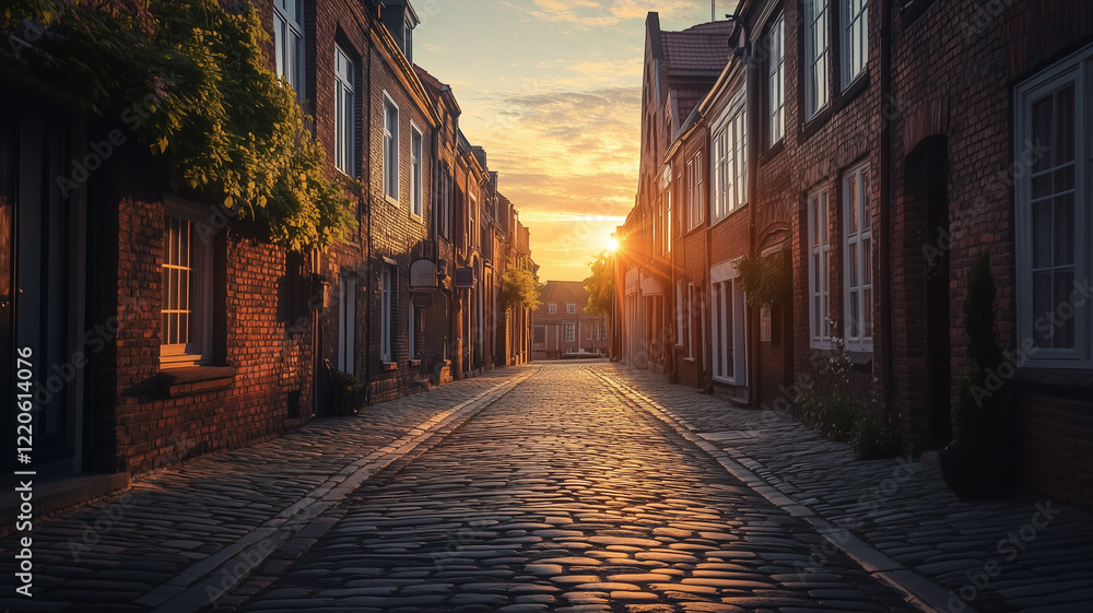 Golden Hour Sunrise Illuminates Historic Cobblestone Street Golden Hour Sunrise Illuminates Historic Cobblestone Street