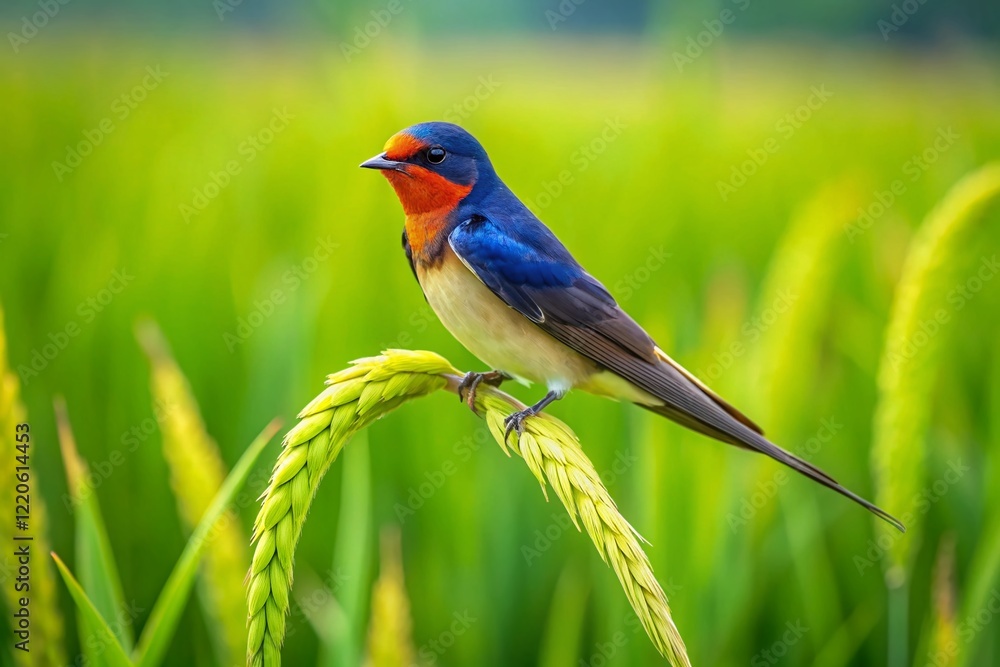 Obraz premium Barn Swallow in Paddy Field - High-Resolution Wildlife Stock Photo