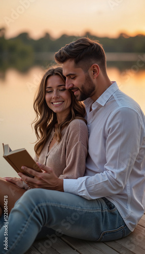 Love, Book reading aloud Young couple sitting on a lakeside dock reading a book