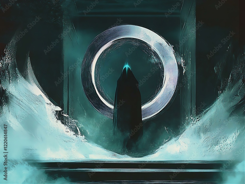 Fototapeta premium A cloaked figure stands poised before a colossal ring portal in mystic setting.