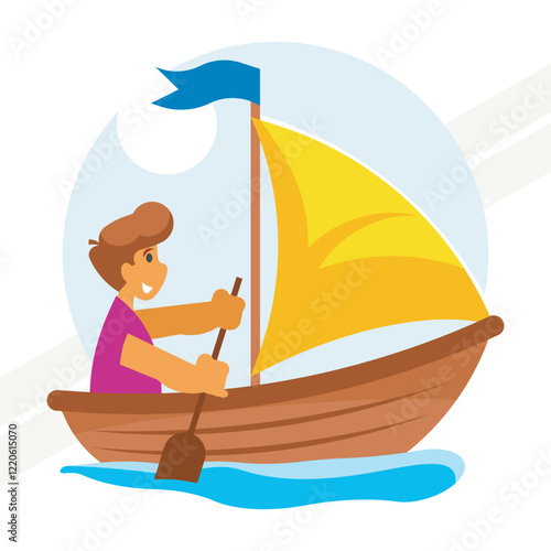 A boy with a paddle swimming in a boat representing adventure and outdoor activities