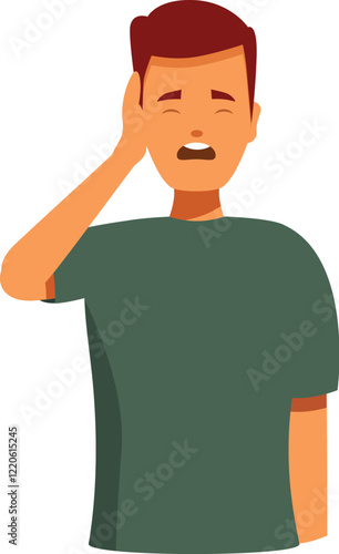 Man holding his ear, suffering from earache, experiencing severe pain, health problem concept
