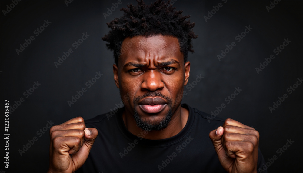 Angry African American man clenching fists in dark room, emotional intensity Angry African American man clenching fists in dark room, emotional intensity