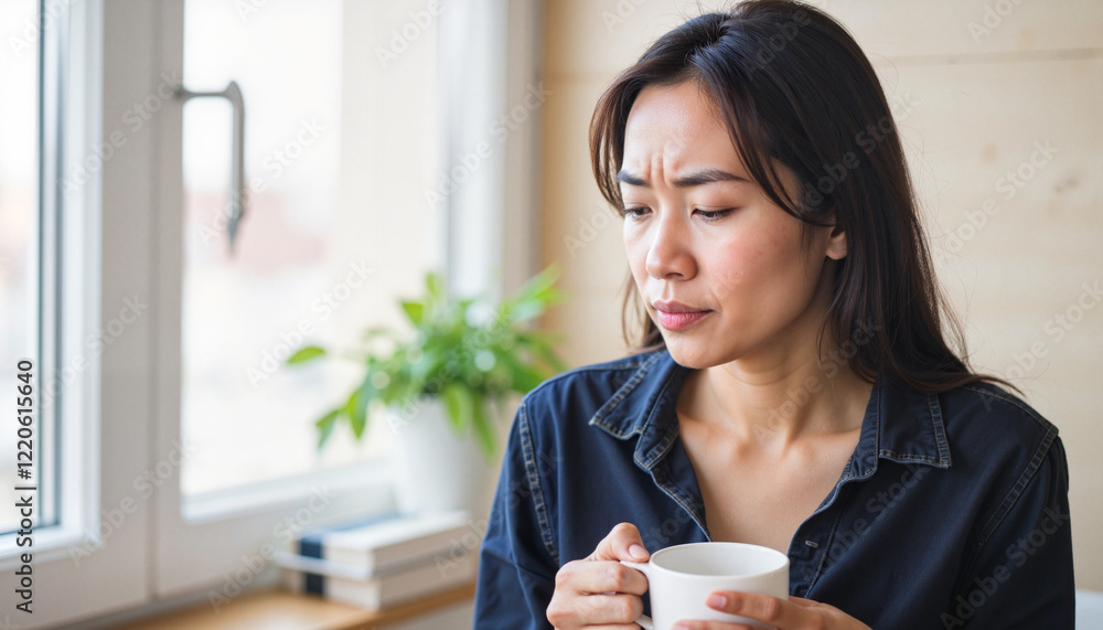 Sad Asian woman holding tea by window, lost in thought Sad Asian woman holding tea by window, lost in thought