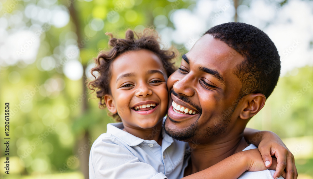 Joyful father hugging happy child outdoors, family love and connection Joyful father hugging happy child outdoors, family love and connection