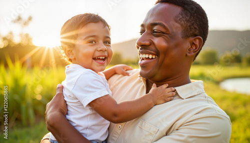 Joyful father holding smiling child in sunlit nature, family happiness