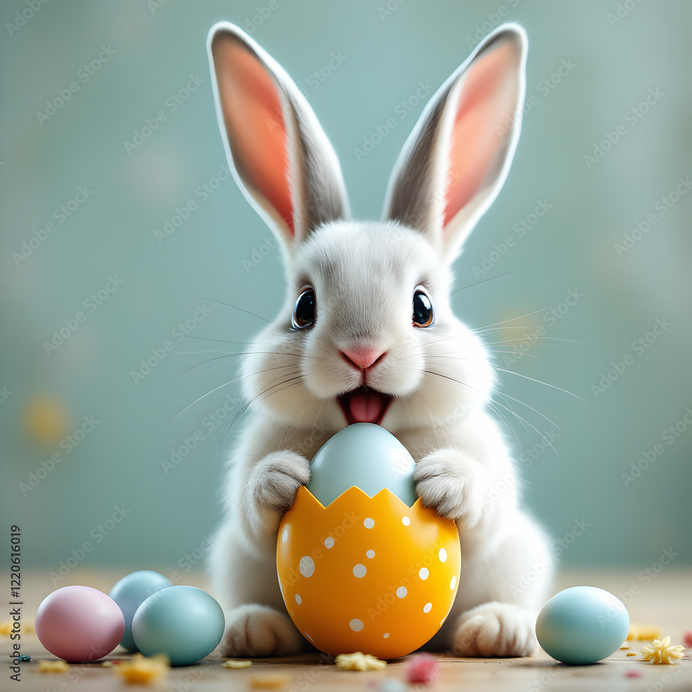 Obraz premium Adorable Fluffy White Bunny Holding a Pastel Easter Egg