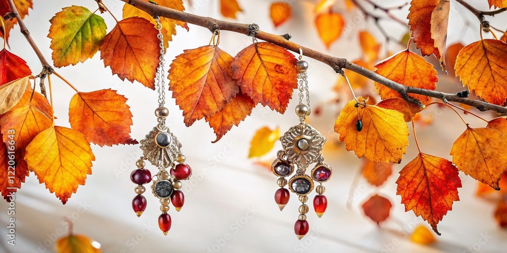 Fototapeta premium Birch Branches with Autumn Leaves and Delicate Earrings - Elegant Nature Still Life Photography