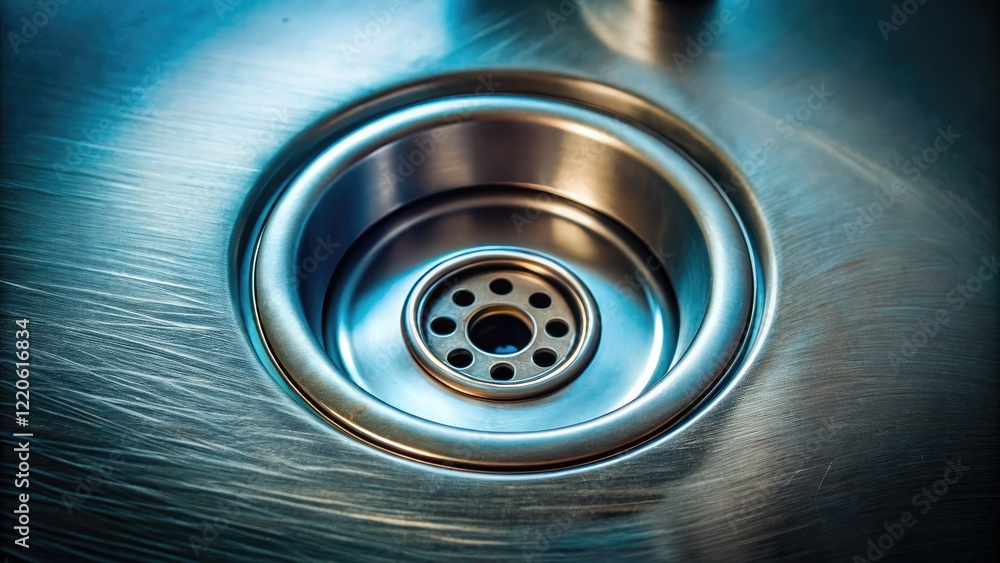 Abstract close-up: a minimalist metal kitchen sink drain, clean lines, simple backdrop. Abstract close-up: a minimalist metal kitchen sink drain, clean lines, simple backdrop.