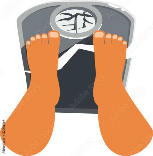Bare feet standing on a broken weighing scale, symbolizing excessive weight gain, obesity, and the struggle with weight management
