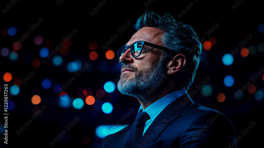 Fototapeta premium Thoughtful Man in Suit Gazing at City Lights at Night