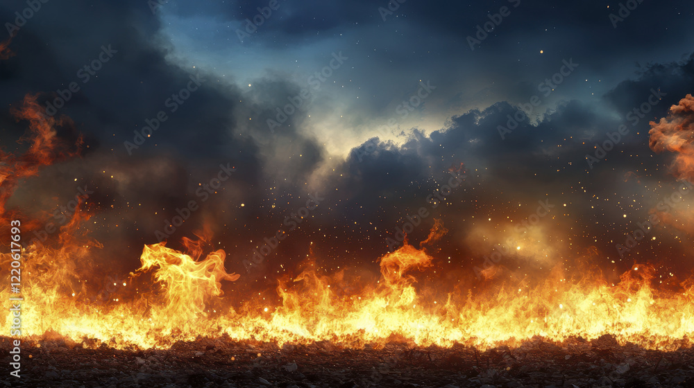 Dramatic wildfire scene with flames, smoke, and dark clouds in sky Dramatic wildfire scene with flames, smoke, and dark clouds in sky