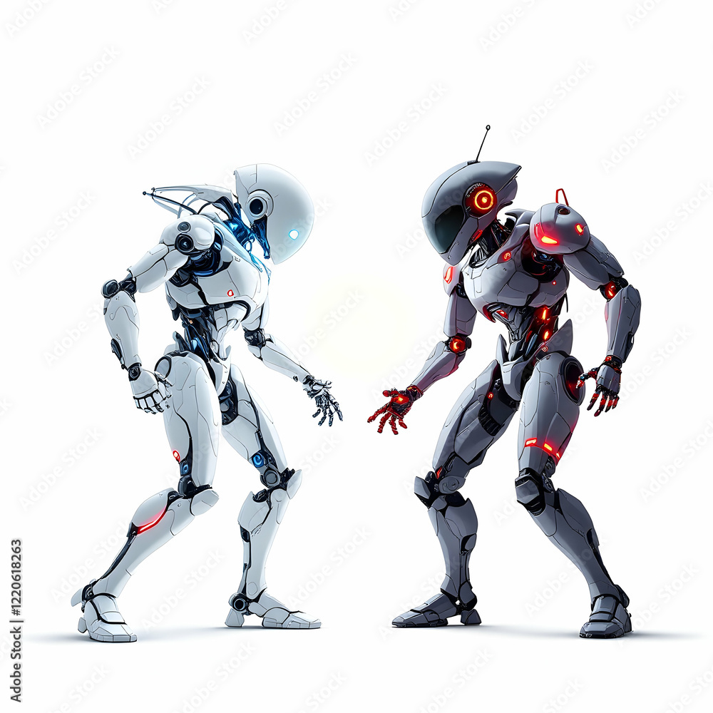 Two Humanoid Robots Facing Each Other, White and Red, Futuristic Digital Art Two Humanoid Robots Facing Each Other, White and Red, Futuristic Digital Art