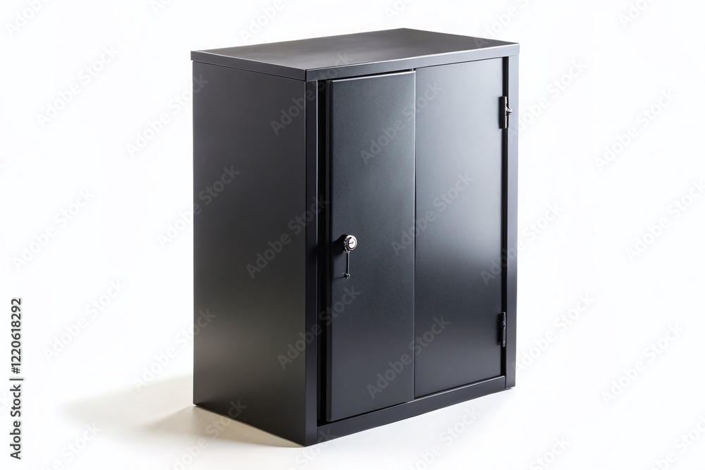 Black Metal Storage Cabinet Isolated on White Background - Aerial View Black Metal Storage Cabinet Isolated on White Background - Aerial View