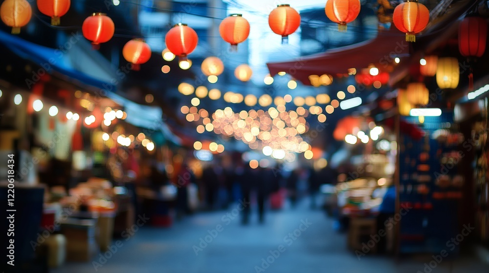 Illuminated Night Market Street Scene with Red Lanterns and Festive Lights Illuminated Night Market Street Scene with Red Lanterns and Festive Lights