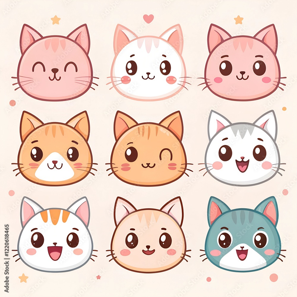 Sweet little cat icon set with six facial expressions in color pastel tones Sweet little cat icon set with six facial expressions in color pastel tones