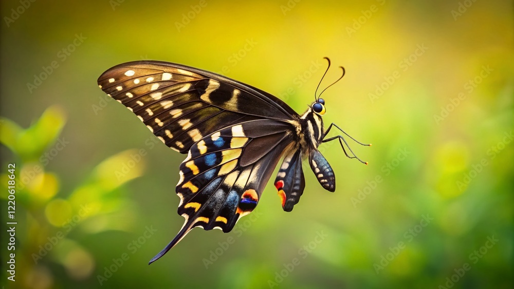 Fototapeta premium Black Swallowtail Butterfly in Flight, Minimalist Nature Photography