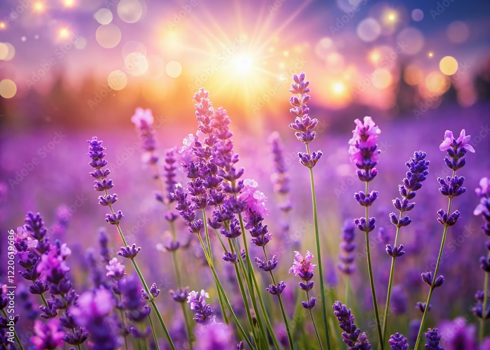 Naklejka premium Blooming Lavender Fields with Soft Bokeh, Purple Flowers, Summer Scenery, French Provence