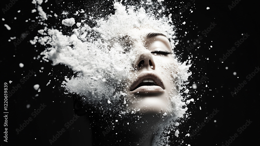 Abstract portrait of a woman, her face partially obscured by a dramatic burst of white particles against a stark black background. The image evokes a sense of transformation, energy, and mystery. Abstract portrait of a woman, her face partially obscured by a dramatic burst of white particles against a stark black background. The image evokes a sense of transformation, energy, and mystery.