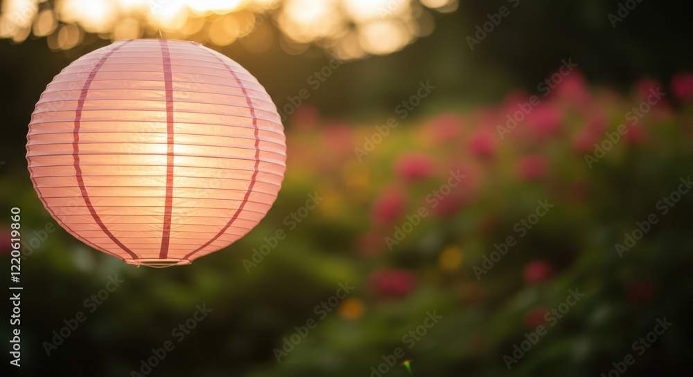Obraz premium Peach lantern flowers hanging in a tranquil garden at sunset