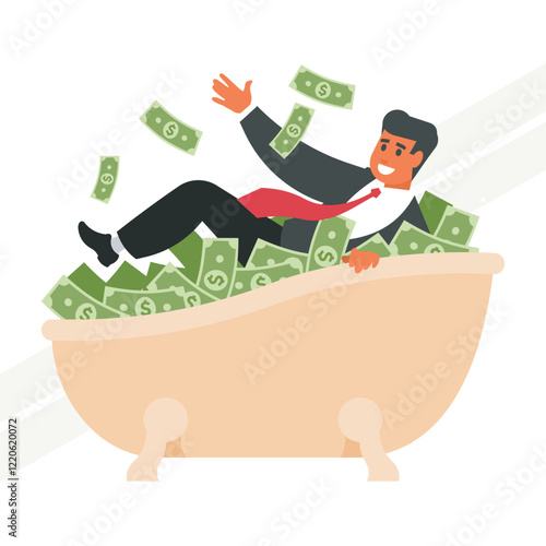 A businessman bathing in a bath of money representing wealth and financial success
