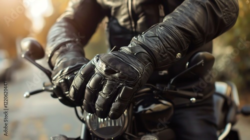 Close up of a motorcyclist wearing leather gloves and jacket, riding on a motorcycle.
