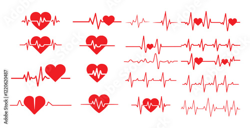 Red heartbeat line collection with heart symbol, cardiology, medical pulse, ECG, EKG design, healthcare clipart vector illustration, health monitoring, digital heartbeat graphics