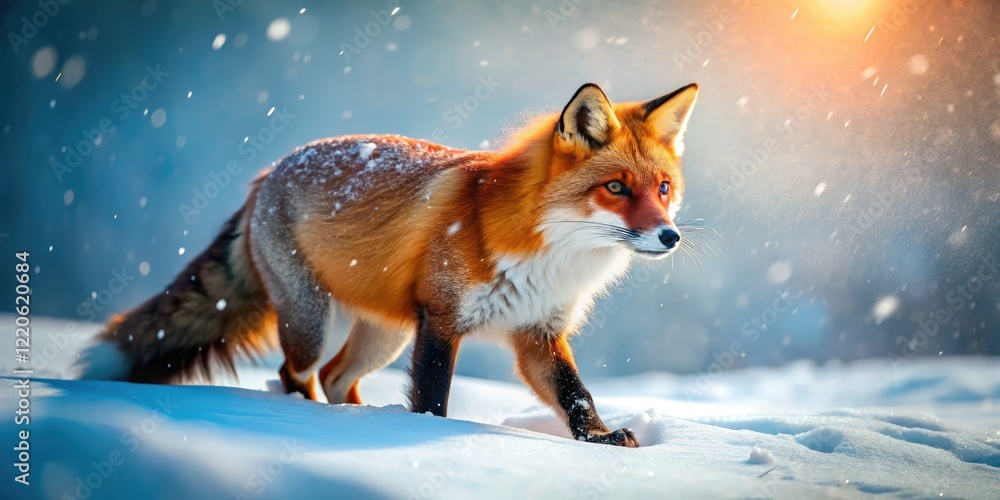 Obraz premium A vibrant red fox, surreal and striking, leaps through a snowy, dreamlike winter landscape.