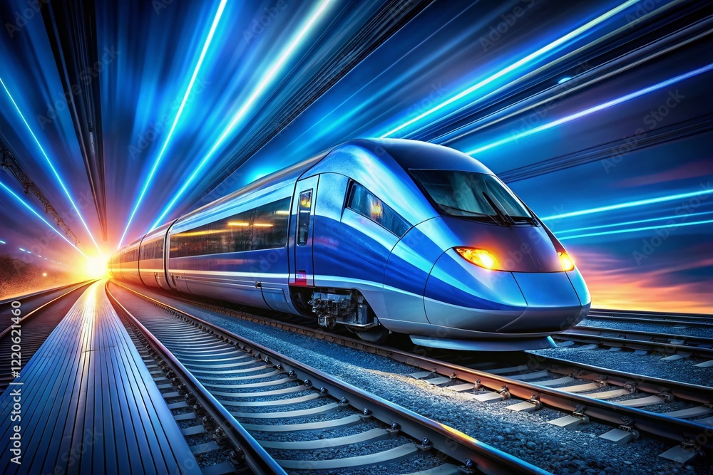 Naklejka premium Blurred Blue High-Speed Train in Low Light, Night Motion