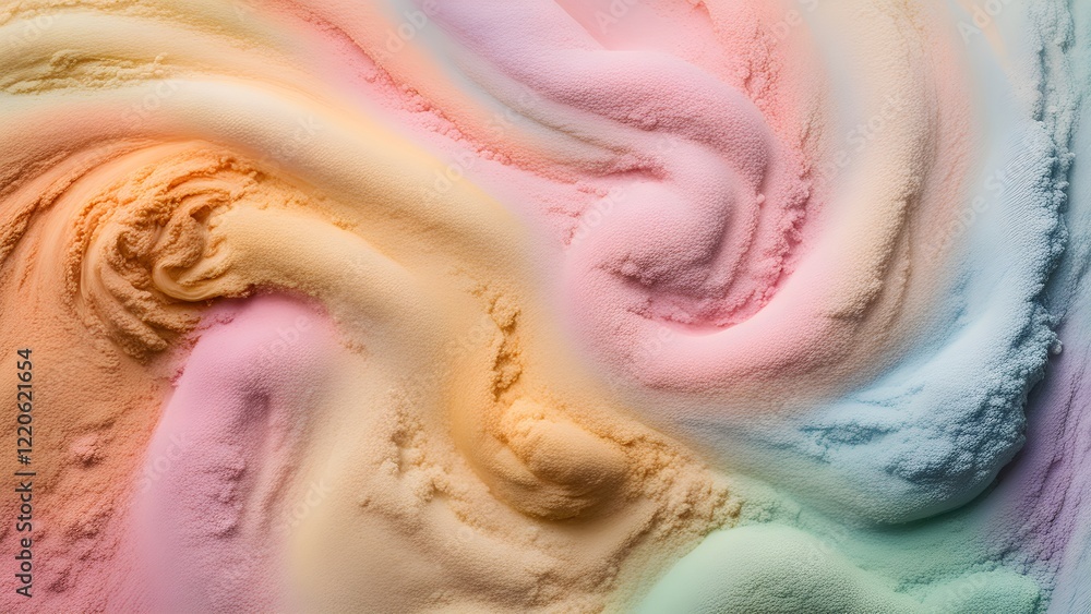 Obraz premium Abstract pastel powder swirls in a vibrant color gradient, creating a textured, artistic background.