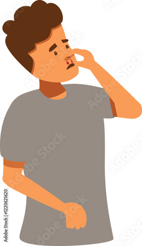 Teenager experiencing nosebleed, touching his nose with his fingers, healthcare and medical concept