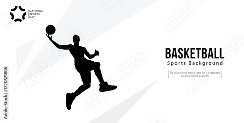 Background template for sports tournament celebration event featuring silhouettes of basketball players. basketball athlete silhouette. National Sports Day photo