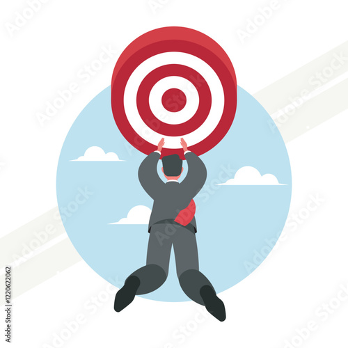 A businessman flying towards a goal representing ambition and progress