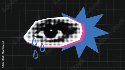 A trendy halftone collage illustration with a crying womans eye