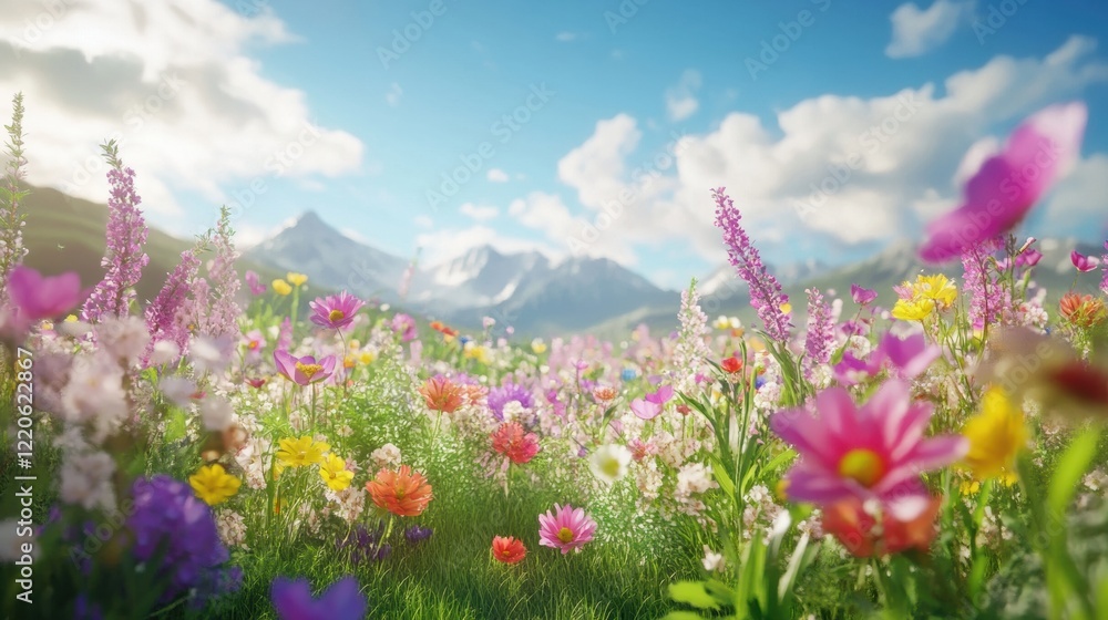 Obraz premium Gentle breeze swaying colorful wildflowers in an open meadow